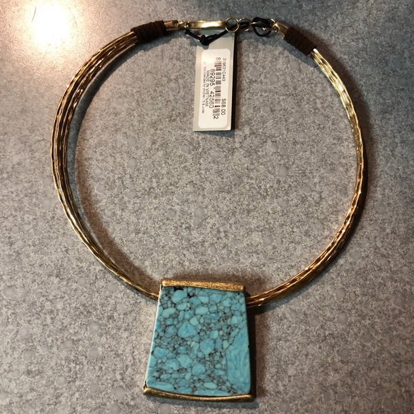 Robert Lee Morris Gold Tone Wire Collar Necklace Geometric Turquoise Pendant NWT - Picture 2 of 12
